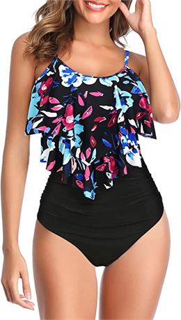 American Trends Two-Piece Bathing Suit, Large (12-14), Black/Floral