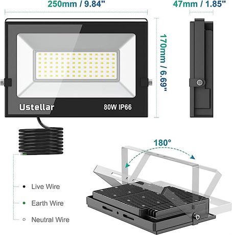 USTELLAR 80W LED IP66 Flood Light, 1-Pack