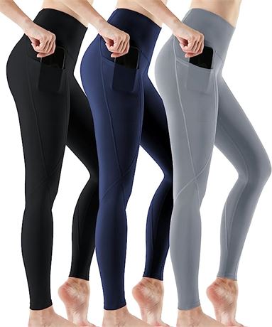 ATHLIO High Waist Yoga Pants with Pockets 3pack Black/Navy/Stone, Large