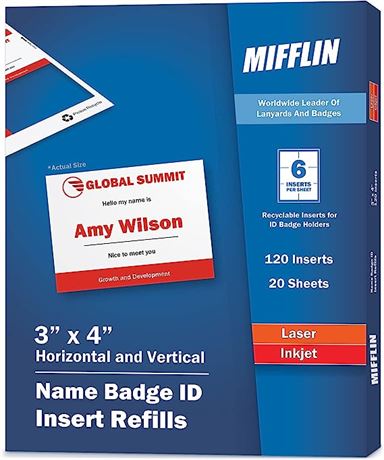 Mifflin-USA 3"x4" Name Badge Inserts, 120/20 Sheets