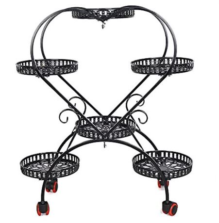 Heart Shaped Metal 6-Plant Flower Stand with Wheels - Black