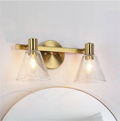 Uolfin 15" 2 Lamp Modern Vanity Lighting - Brass Plated - Seeded Glass