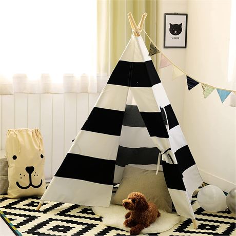 Tiny Land Kids Teepee Tent for Boys,5ft Teepee Black/White Stripe