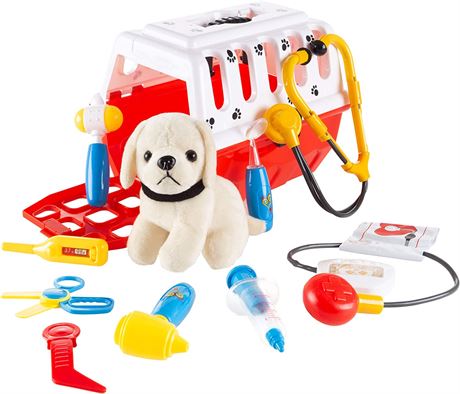 Hey! Play! Kids Veterinary Set with Animal Medical Supplies, Plush Dog/Carrier