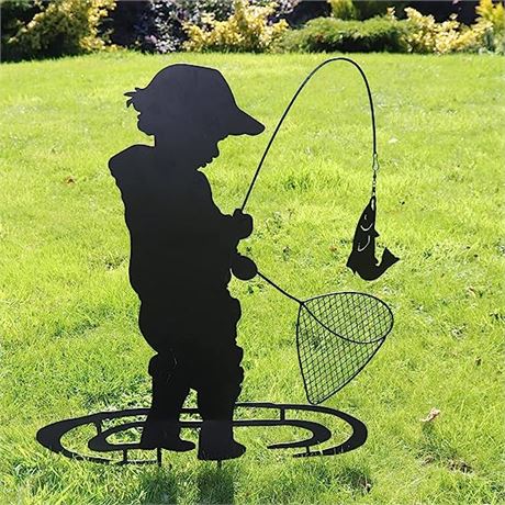 Garden Statue Silhouette Stakes, Outdoor Lawn Decor Fishing Shape Art