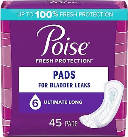 Poise Fresh Protection Pads, Ultimate Long, 45-Pack