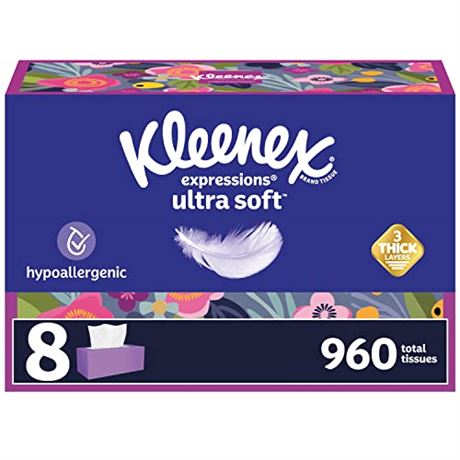 Kleenex Expressions Ultra Soft Facial Tissues, 8 Boxes, 120/Box, 3-Ply