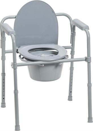 Drive Medical 11148-1 Folding Steel Bedside Commode Chair, Portable Toilet, Grey