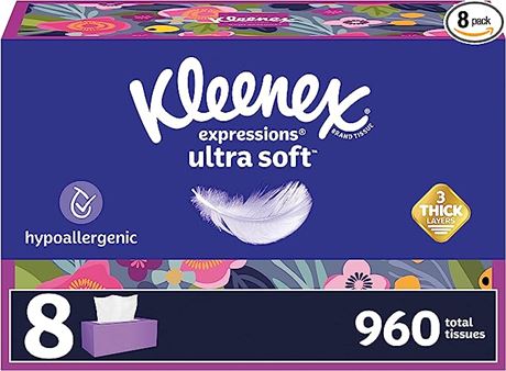 Kleenex Expressions Ultra Soft Facial Tissues, 8 Boxes, 120/Box, 3-Ply