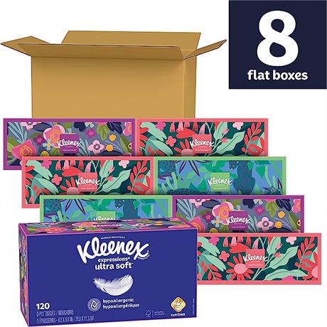 Kleenex Expressions Ultra Soft Facial Tissues, 8 Boxes, 120 Tissues/Box, 3-Ply