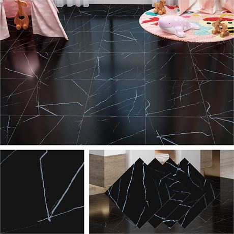 Livelynine Peel and Stick Floor Tile 12X12" - Black Marble - 16 Pack