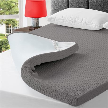 3 Inch Gel Memory Foam Mattress Topper - Queen Size - Grey