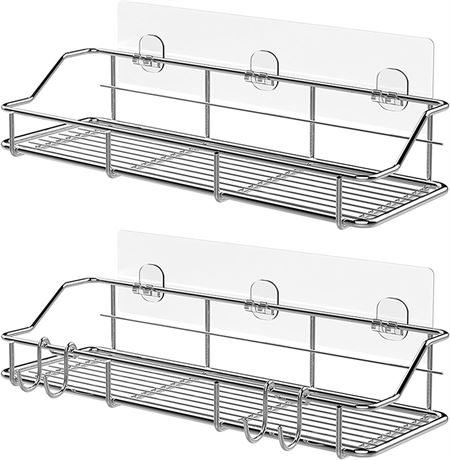 Adhesive Shower Caddy Shelf Shower w/ Hooks Stainless Steel, 2 Pack