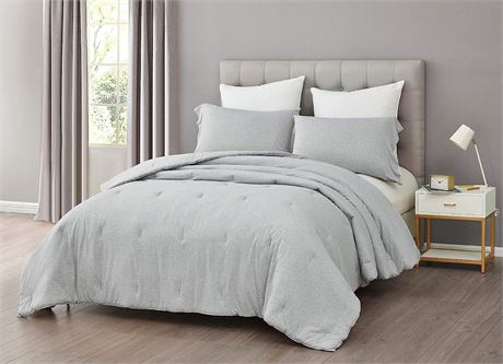 Chezmoi Collection Asher 3-Piece Heather Knit Cotton Queen Comforter Set - Grey