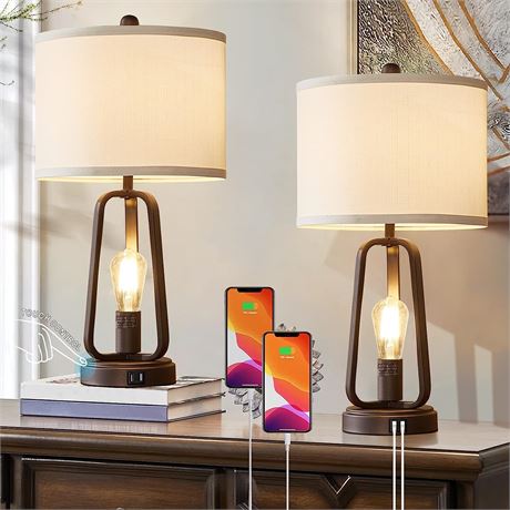 Set of 2 Farmhouse Table Lamps with Rotary Switch and Dual USB Ports