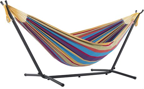 Vivere Double Cotton Hammock with Space Saving Steel Stand, Tropical