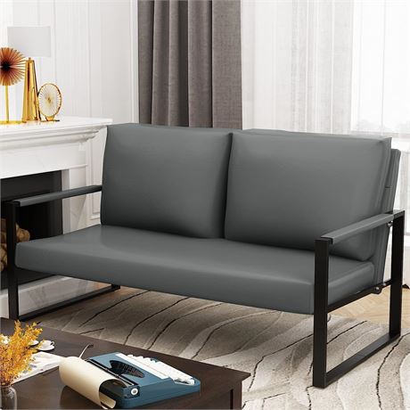 AWQM Mid-Century Upholstered Faux Leather Love Seat - Grey