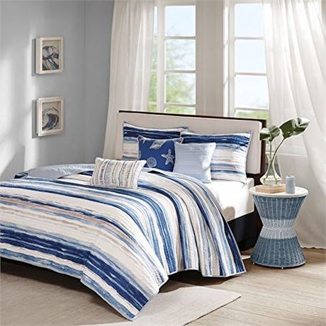 Coastal Full/Queen Quilt Shams & Toss Pillows - Blue Watercolor