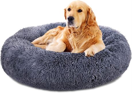 Jincheng 30-36-Inch Round Shag Dog Bed, Dark Gray