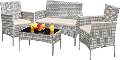 Furniture 4 Pieces Conversation Sets Outdoor Wickerr, Grey