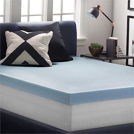 LUCID 4 Inch Gel Memory Foam Mattress Topper, Queen, Blue