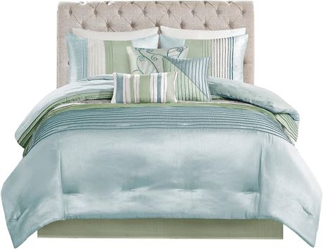 Madison Park Amherst Faux Silk 7-Piece Comforter Set, 90x90 Queen, Green