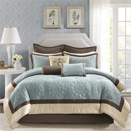 Madison Park Comforter Set Casual Modern Design, Queen(92"x96"), Blue, 9 Piece