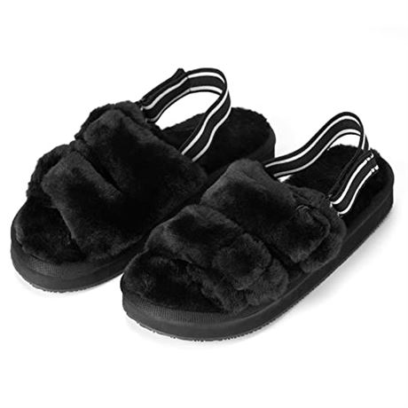 DOGDAN Women's Fluffy Slipper Open Toe Soft Adjustable Strap Style Black Size 7