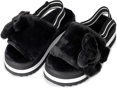 DOGDAN Women's Fluffy Slipper Open Toe Soft Fuzzy, Black, Size 7