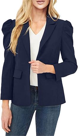 Bigeoosh Women's Open Front Puff Shoulder Blazer, Navy Blue, Small