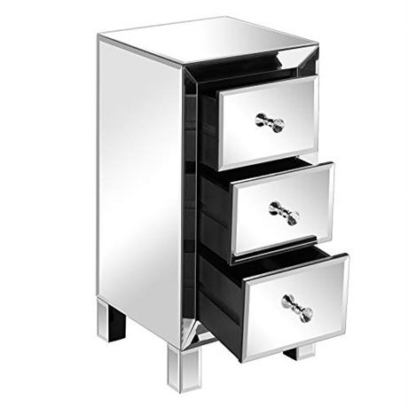 VINGLI Mirrored Nightstand with 3-Drawers, Silver