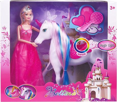 BETTINA Magic Light Unicorn & Princess Doll, Unicorn Toys for Girls 3+