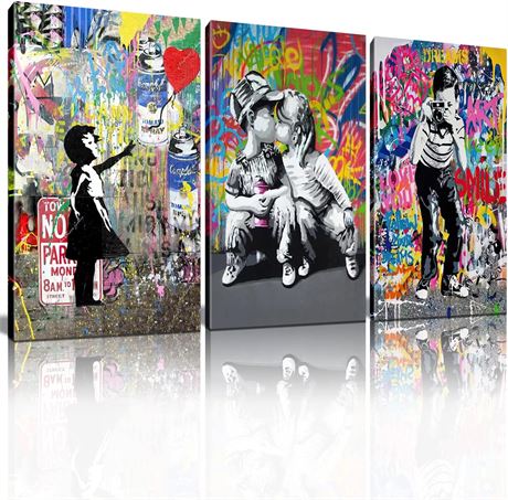 NCYEL 3-Pcs Framed Banksy Graffiti Wall Art