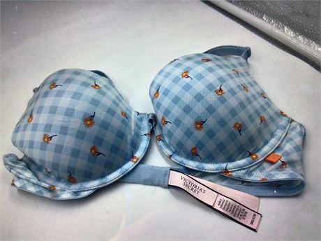 Victoria's Secret Push-Up, 34C, Light Blue Plaid/Floral Print - Wired Bra