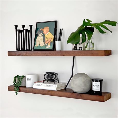 Farmhouse Floating Wood Shelf 36" x 6.5" x 1.75", Set of 2, American Walnut