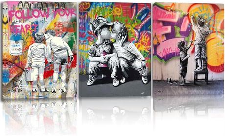 3 Piece Banksy Graffiti Canvas Wall Art, Street Art Canvas Prints for Wall Decor