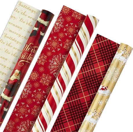 Hallmark Christmas Reversible Wrapping Paper, Classic Santa (Pack of 3)