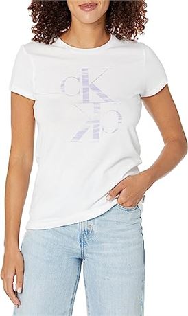 Calvin Klein Women's Matte Plastisol Wave Design Logo Short Sleeve Shirt