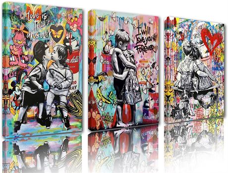 3 Piece Banksy Canvas Wall Art Little Boy and Girl Picture Street Graffiti