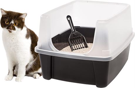 IRIS USA Open Top Cat Litter Tray with Scoop and Scatter Shield, black