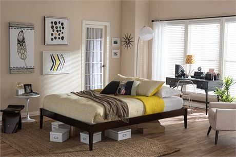 Baxton Studio Bentley Mid-Century Modern Cappuccino Solid Wood Queen Bed Frame