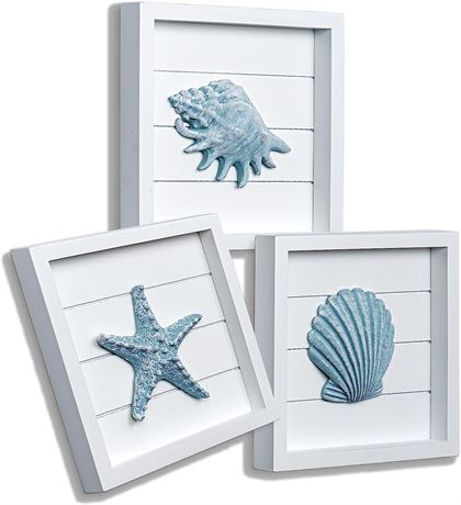 Tide & Tales Blue Seashells and Starfish (Framed Set of 3)