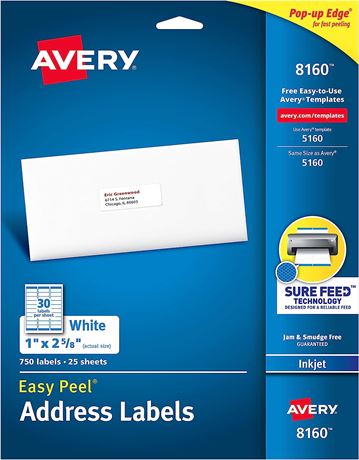 Avery Printable Address Labels, 1" x 2-5/8", White, 750 Blank Mailing Labels