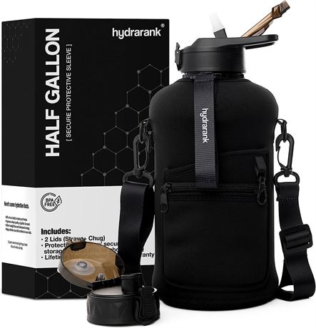 HYDRARANK Half Gallon Water Bottle w/ Storage Sleeve & Straw Lid - 73oz - Black