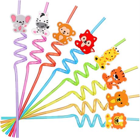 Patelei 24-Piece Jungle Animal Reusable Plastic Straws