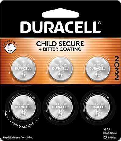 Duracell CR2032 3V Lithium Battery, Child Safety Features, 6 Count