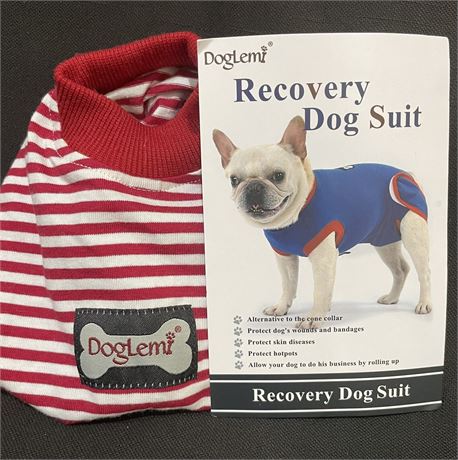 Doglemi Dog Recovery Suit XS| Post-Surgical Healing, White w/ Red Stripe, Lg