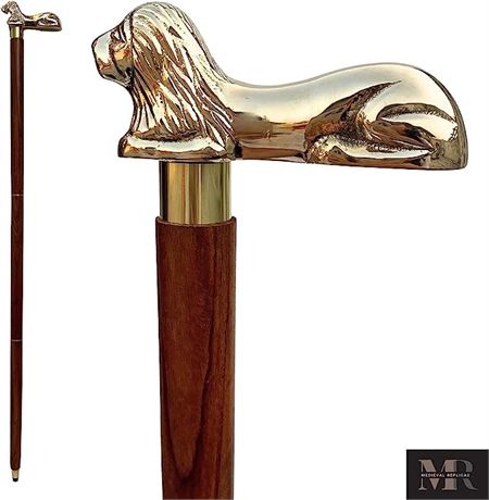 37.2" Brown Wooden Walking Stick - Wood Cane with Golden Lion Brass Handle