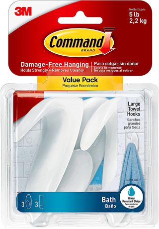 Command Bath Large Towel Hook Value Pack, Clear Frosted, 3-Large Hooks