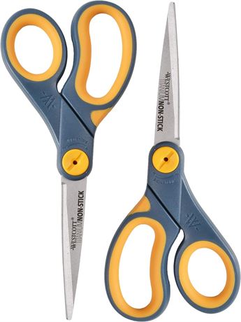 Westcott 8" Straight Titanium Scissors w/Adjustable Glide-2 Pack, Grey/Yellow